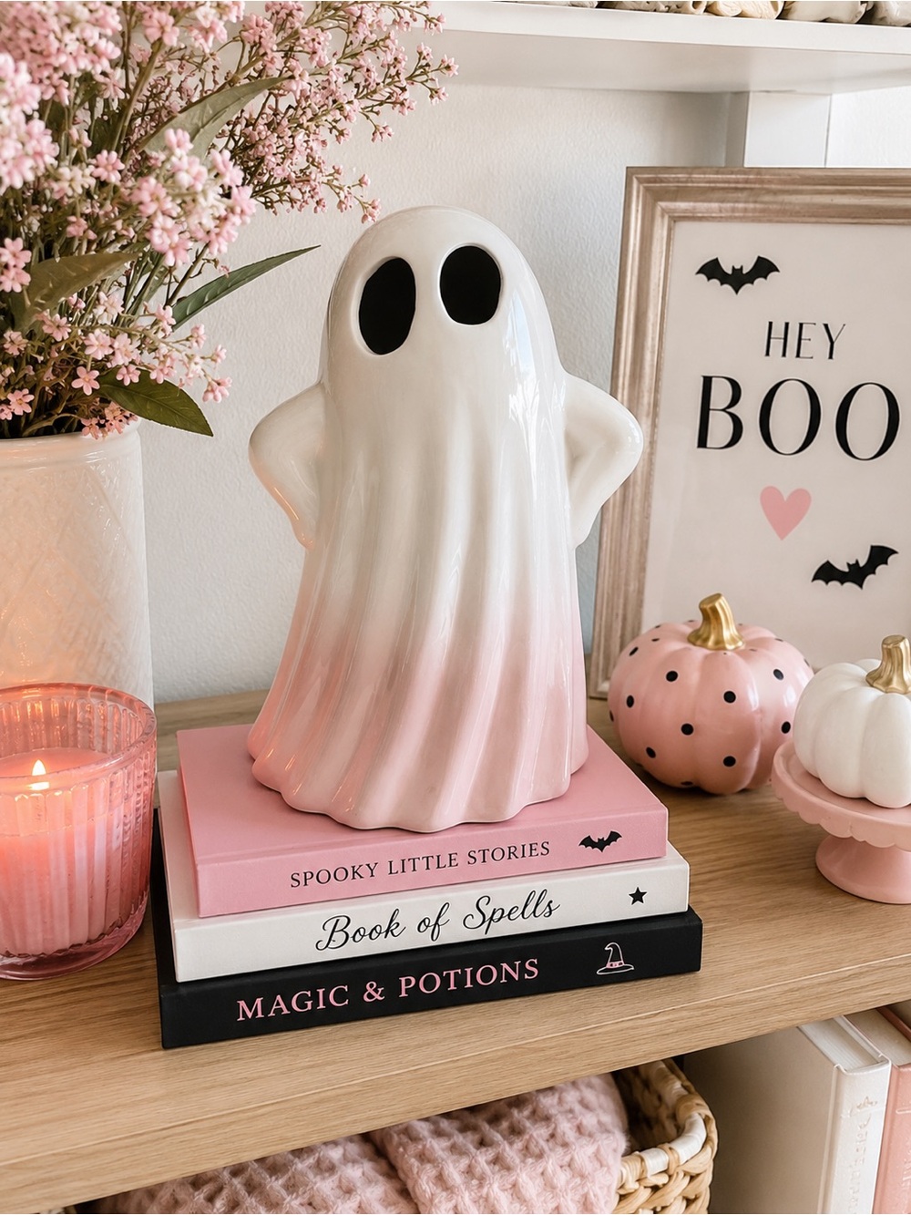 New Light Up Pink & White Ceramic Ghost Halloween Figurine Color Changing